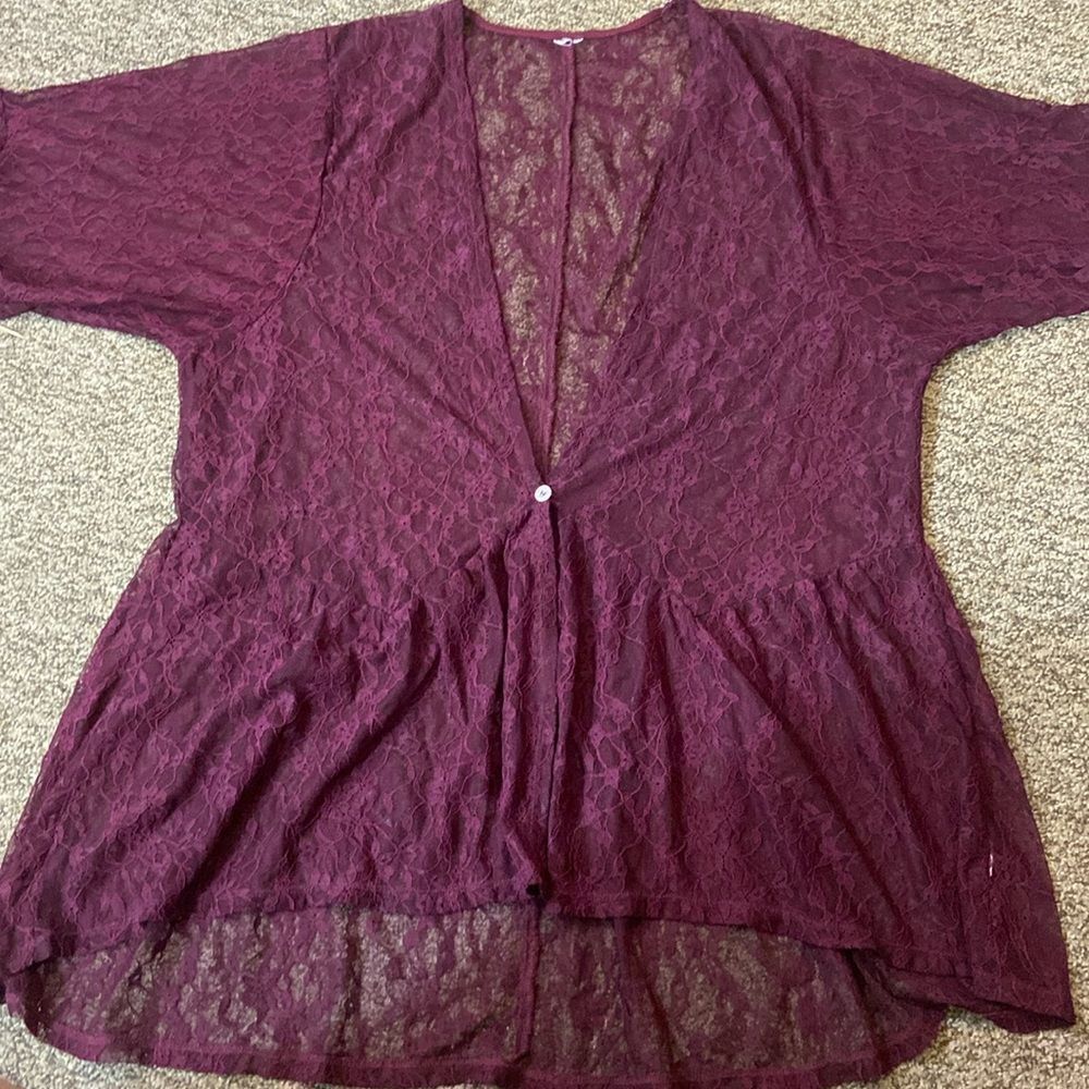 Time And Tru Lace Cardigan Maroon Peplum Ruffle Bel 3/4 Sleeves Tunic XXL - Picture 3 of 9